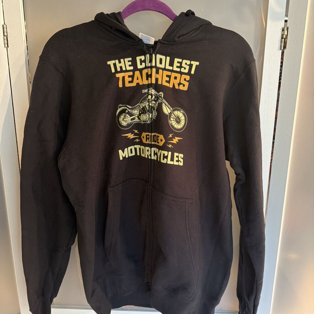 Port & Company Hooded Zip Up Coolest Teachers Ride Motorcycles M Unisex Black
